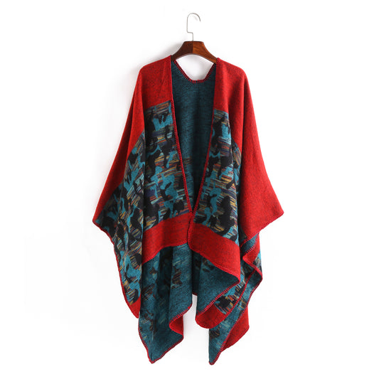 Damen Oversize-Ruana-Umhang aus Wollmix mit geometrischem Jacquardbesatz Shop Nory