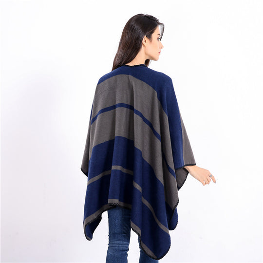 Damen Oversize-Ruana mit geometrischem Blockstreifen und Ziernaht Shop Nory