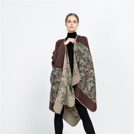 Damen Oversize-Ruana-Umhang aus Wollmix mit geometrischem Jacquardbesatz Shop Nory