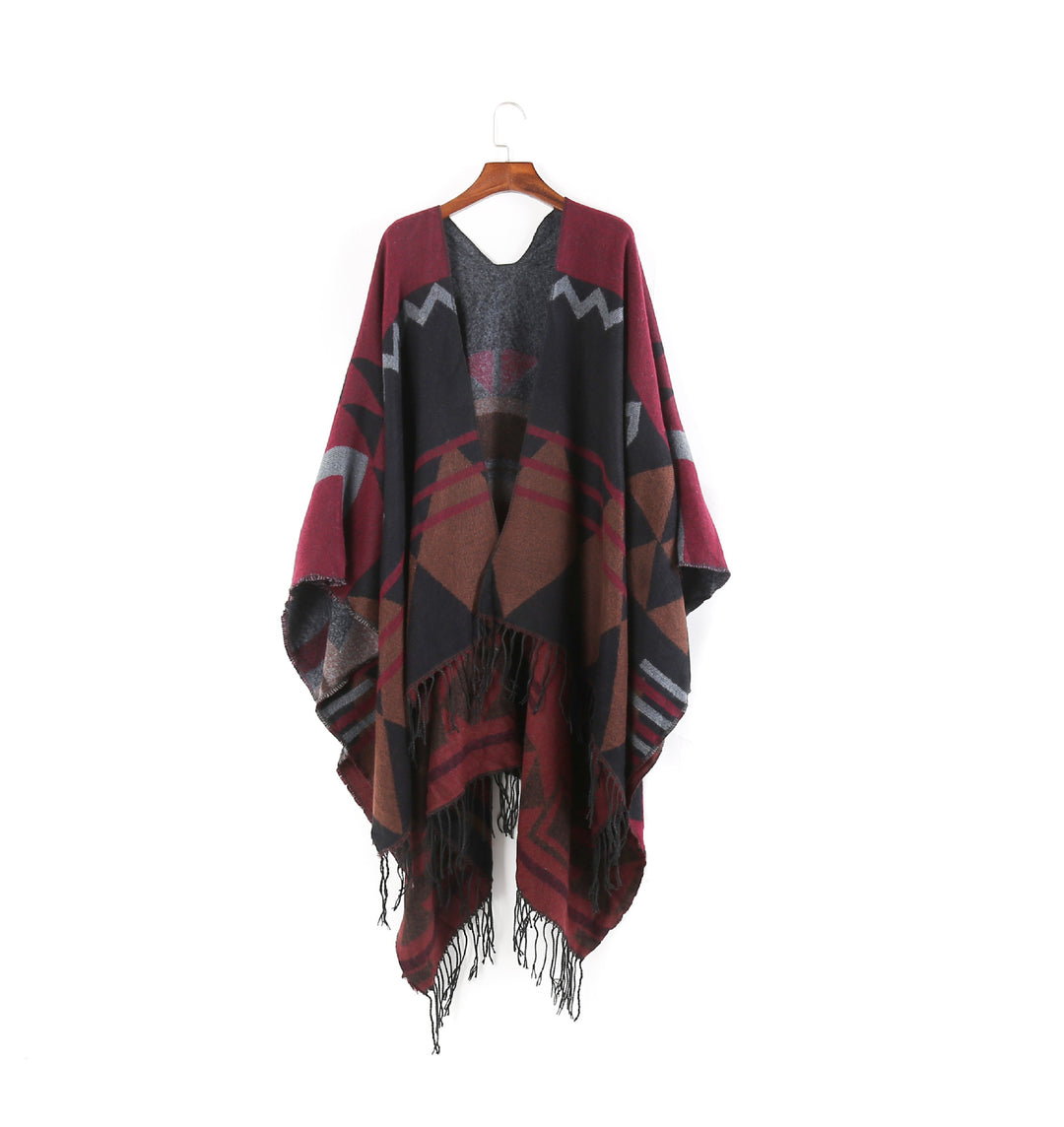 Damen Großer Fransen-Cardigan im Ruana-Stil mit grafischem Jacquard Shop Nory