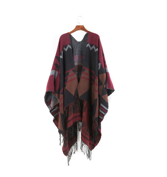 Damen Großer Fransen-Cardigan im Ruana-Stil mit grafischem Jacquard Shop Nory