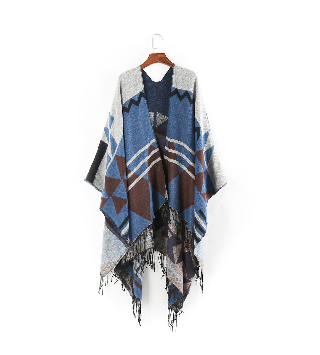 Damen Großer Fransen-Cardigan im Ruana-Stil mit grafischem Jacquard Shop Nory