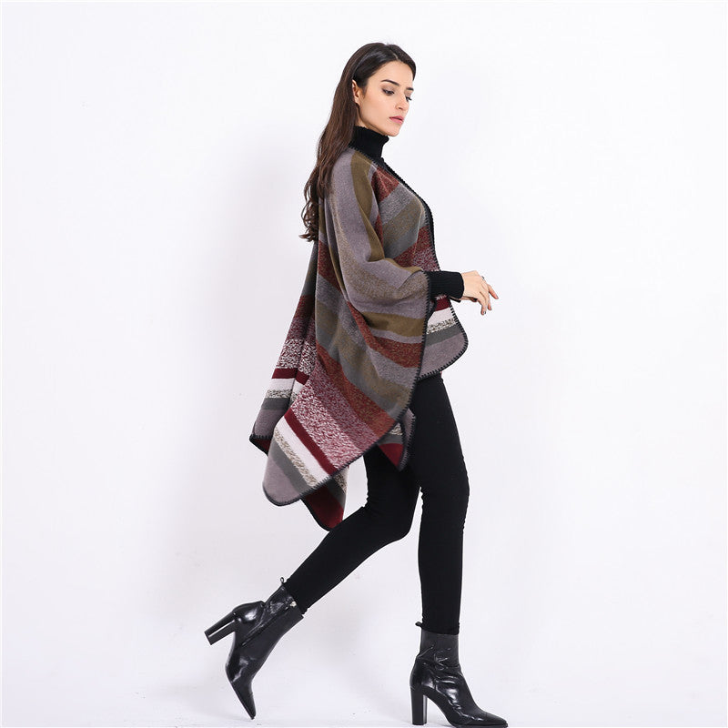 Damen Gewobene Oversize-Ruana mit diagonalem Blockstreifen und Kettelkante Shop Nory