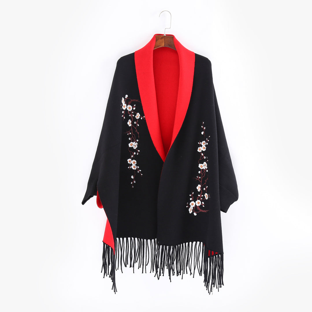 Damen Reversible Strick-Ruana mit Blumenstickerei und Fransensaum Shop Nory