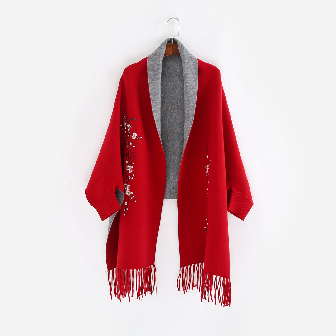 Damen Reversible Strick-Ruana mit Blumenstickerei und Fransensaum Shop Nory