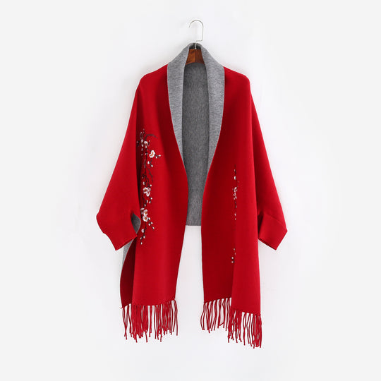 Damen Reversible Strick-Ruana mit Blumenstickerei und Fransensaum Shop Nory