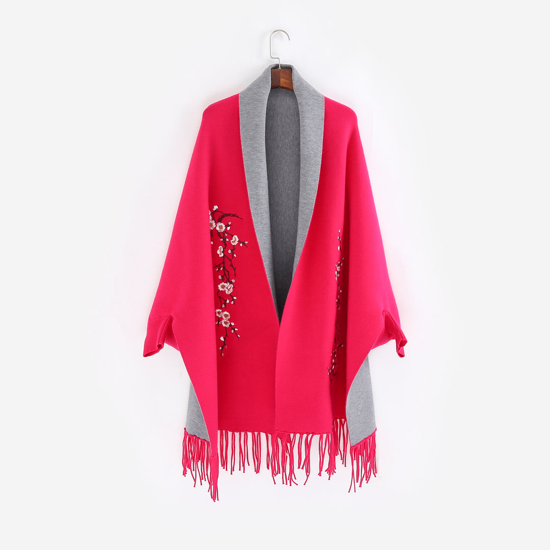 Damen Reversible Strick-Ruana mit Blumenstickerei und Fransensaum Shop Nory
