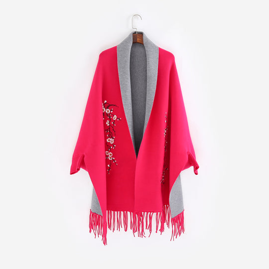 Damen Reversible Strick-Ruana mit Blumenstickerei und Fransensaum Shop Nory