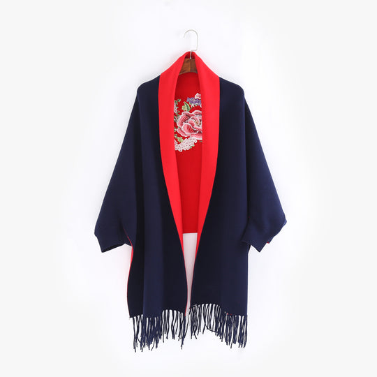 Damen Cape‑Schal mit besticktem Innenfutter und Fransensaum Shop Nory
