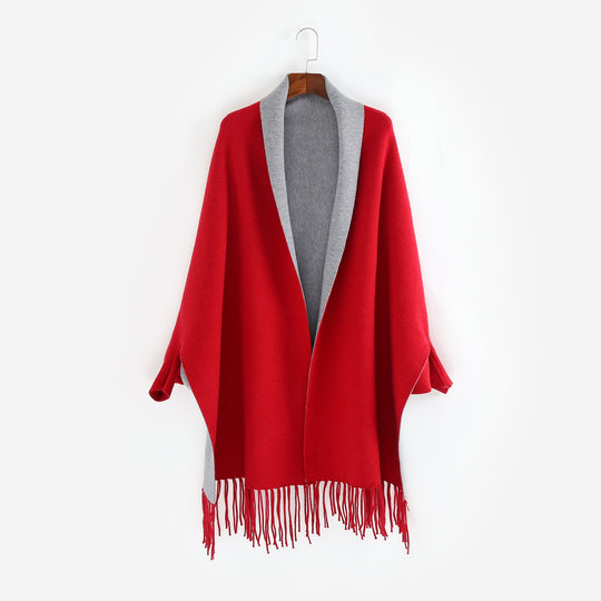 Damen Oversize-Wendecape mit Schalkragen und Fransensaum Shop Nory