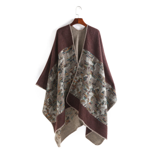 Damen Oversize-Ruana-Umhang aus Wollmix mit geometrischem Jacquardbesatz Shop Nory