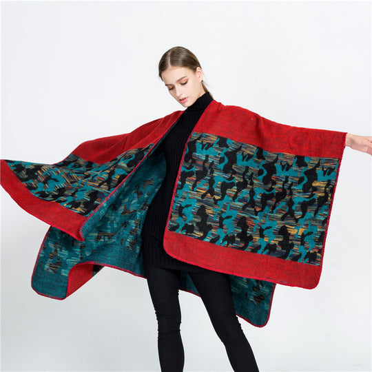 Damen Oversize-Ruana-Umhang aus Wollmix mit geometrischem Jacquardbesatz Shop Nory