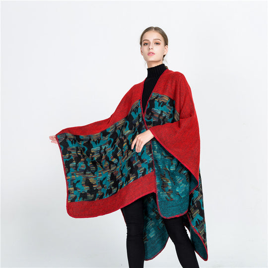 Damen Oversize-Ruana-Umhang aus Wollmix mit geometrischem Jacquardbesatz Shop Nory