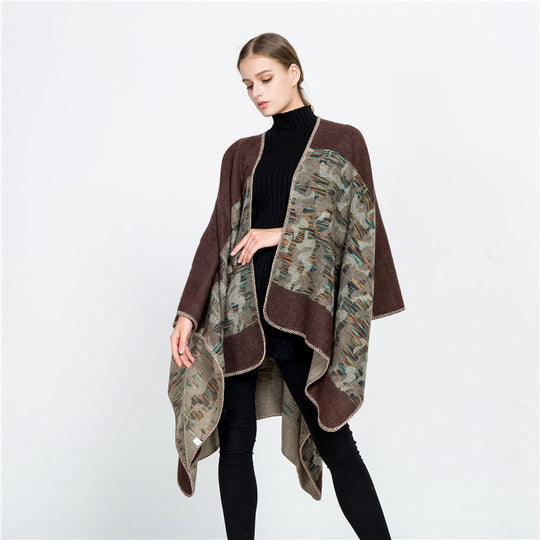 Damen Oversize-Ruana-Umhang aus Wollmix mit geometrischem Jacquardbesatz Shop Nory