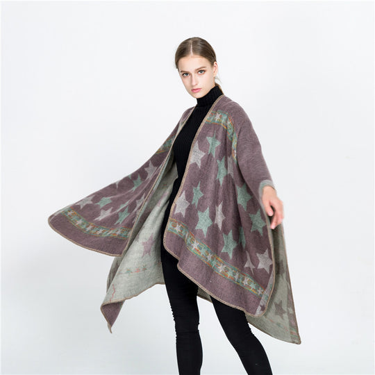 Damen Jacquard‑Ruana‑Poncho mit Sternjacquard und weichfallender Oversize‑Silhouette Shop Nory