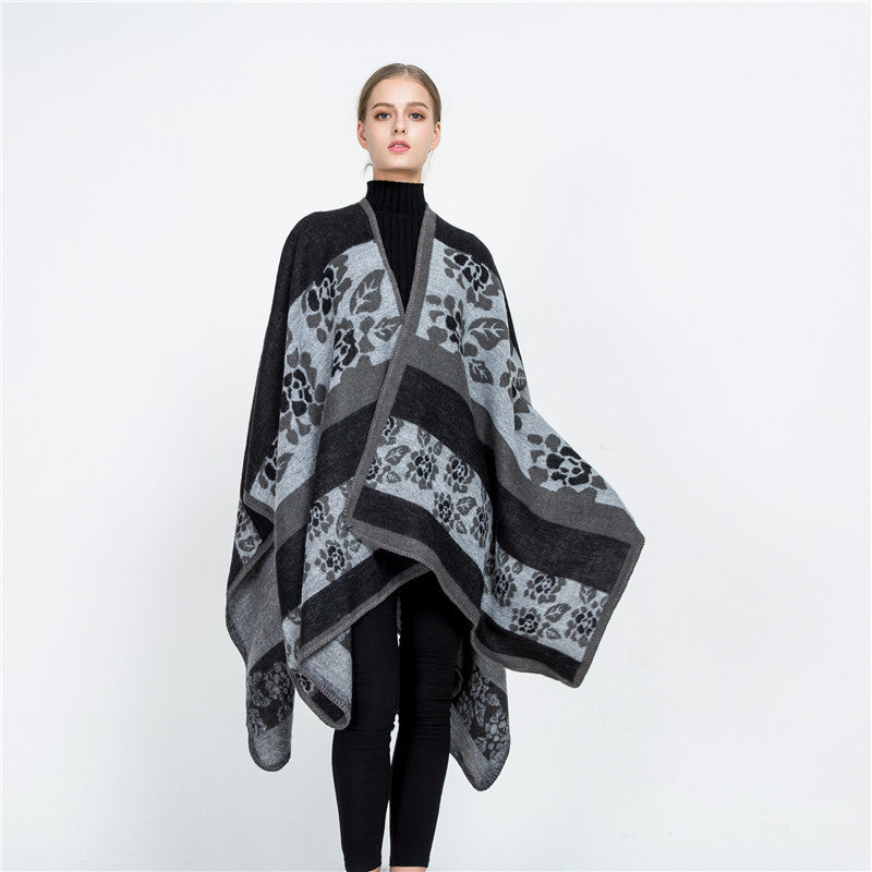 Damen Jacquard-Ruana-Überwurf mit floralem Intarsienmuster und offenem Fall Shop Nory