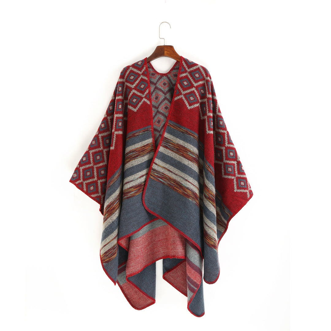 Damen Wolloptik-Ruana mit gewebtem Quadratjacquard und Zierstichkante Shop Nory