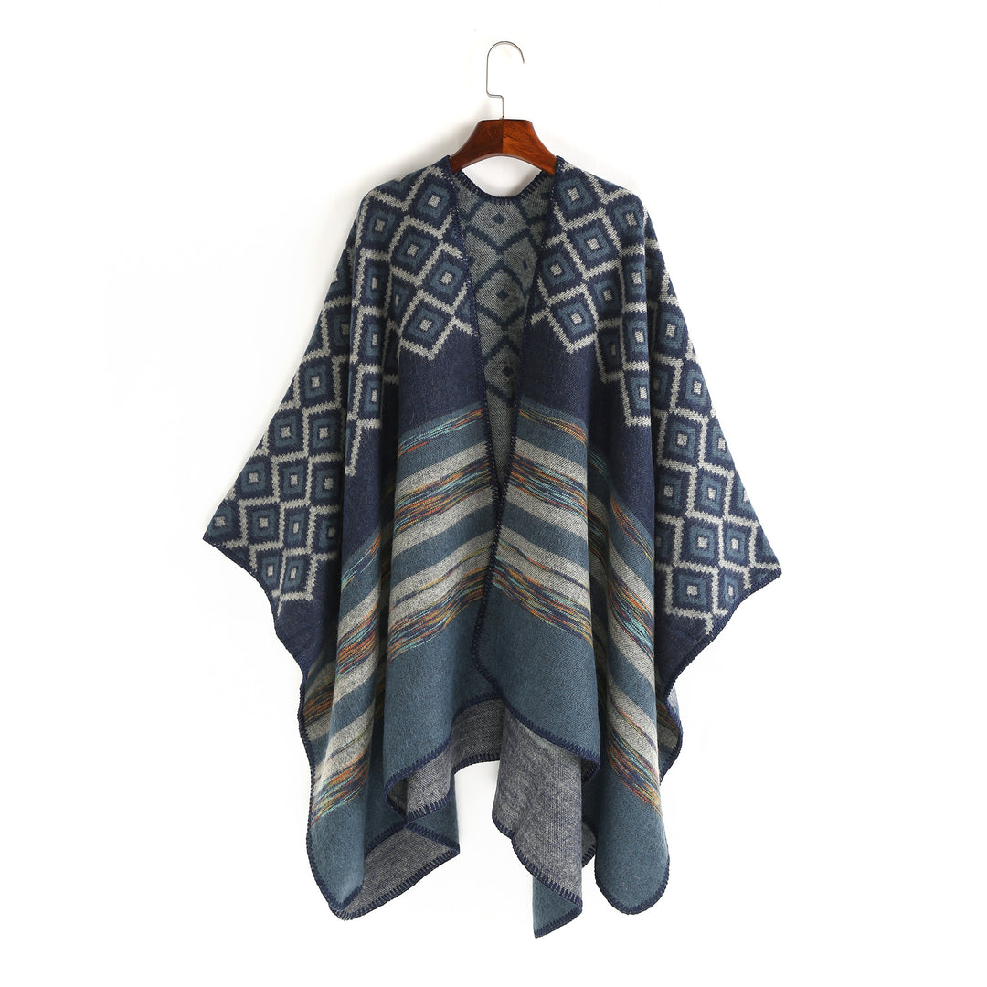 Damen Wolloptik-Ruana mit gewebtem Quadratjacquard und Zierstichkante Shop Nory