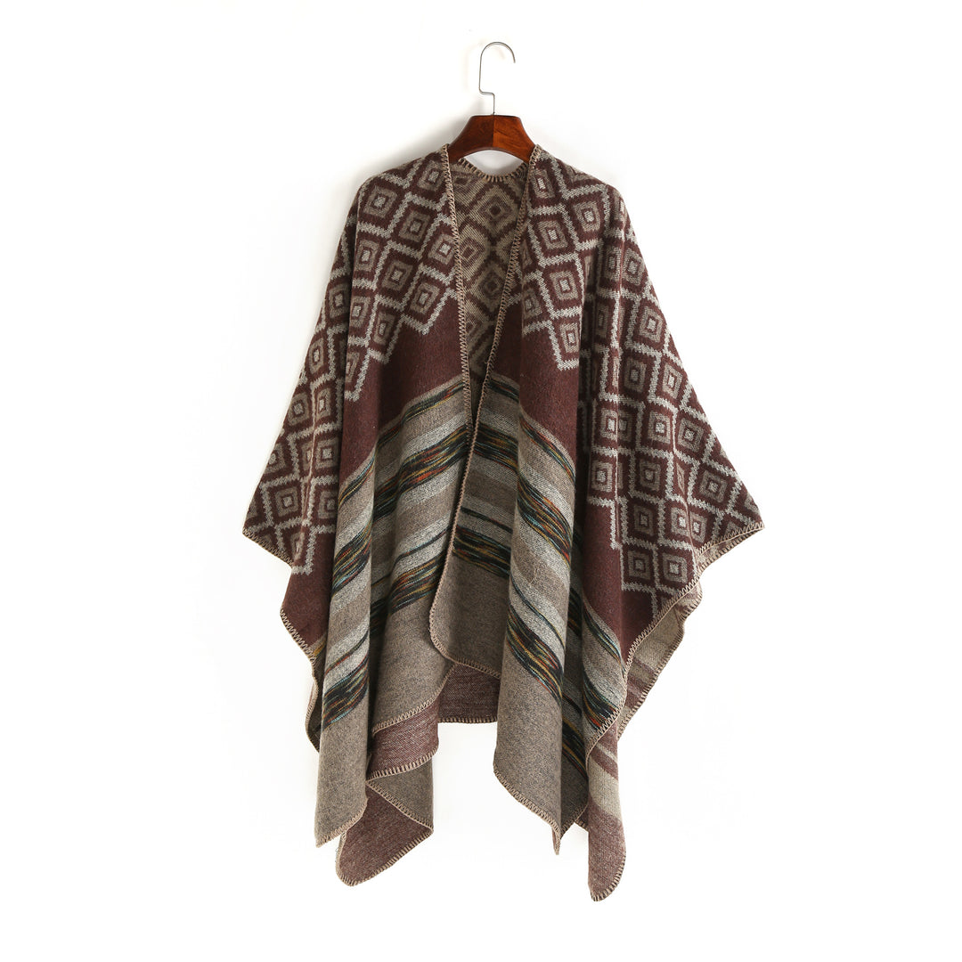 Damen Wolloptik-Ruana mit gewebtem Quadratjacquard und Zierstichkante Shop Nory
