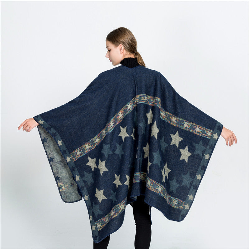 Damen Jacquard‑Ruana‑Poncho mit Sternjacquard und weichfallender Oversize‑Silhouette Shop Nory