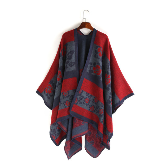 Damen Jacquard-Ruana-Überwurf mit floralem Intarsienmuster und offenem Fall Shop Nory