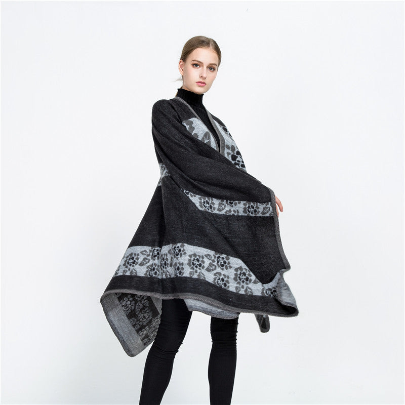 Damen Jacquard-Ruana-Überwurf mit floralem Intarsienmuster und offenem Fall Shop Nory