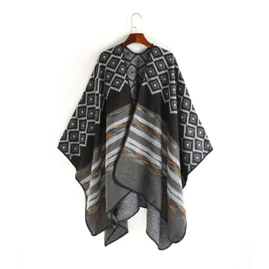 Damen Wolloptik-Ruana mit gewebtem Quadratjacquard und Zierstichkante Shop Nory