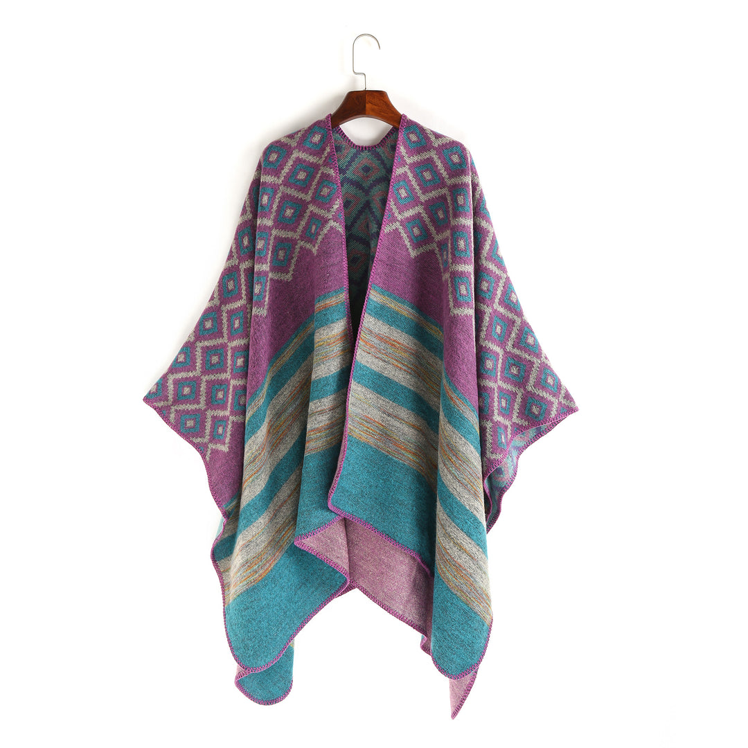Damen Wolloptik-Ruana mit gewebtem Quadratjacquard und Zierstichkante Shop Nory
