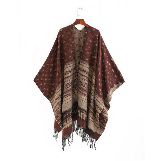 Damen Ruana-Poncho mit Jacquardmuster, Fransen und weichem Wollmix Shop Nory