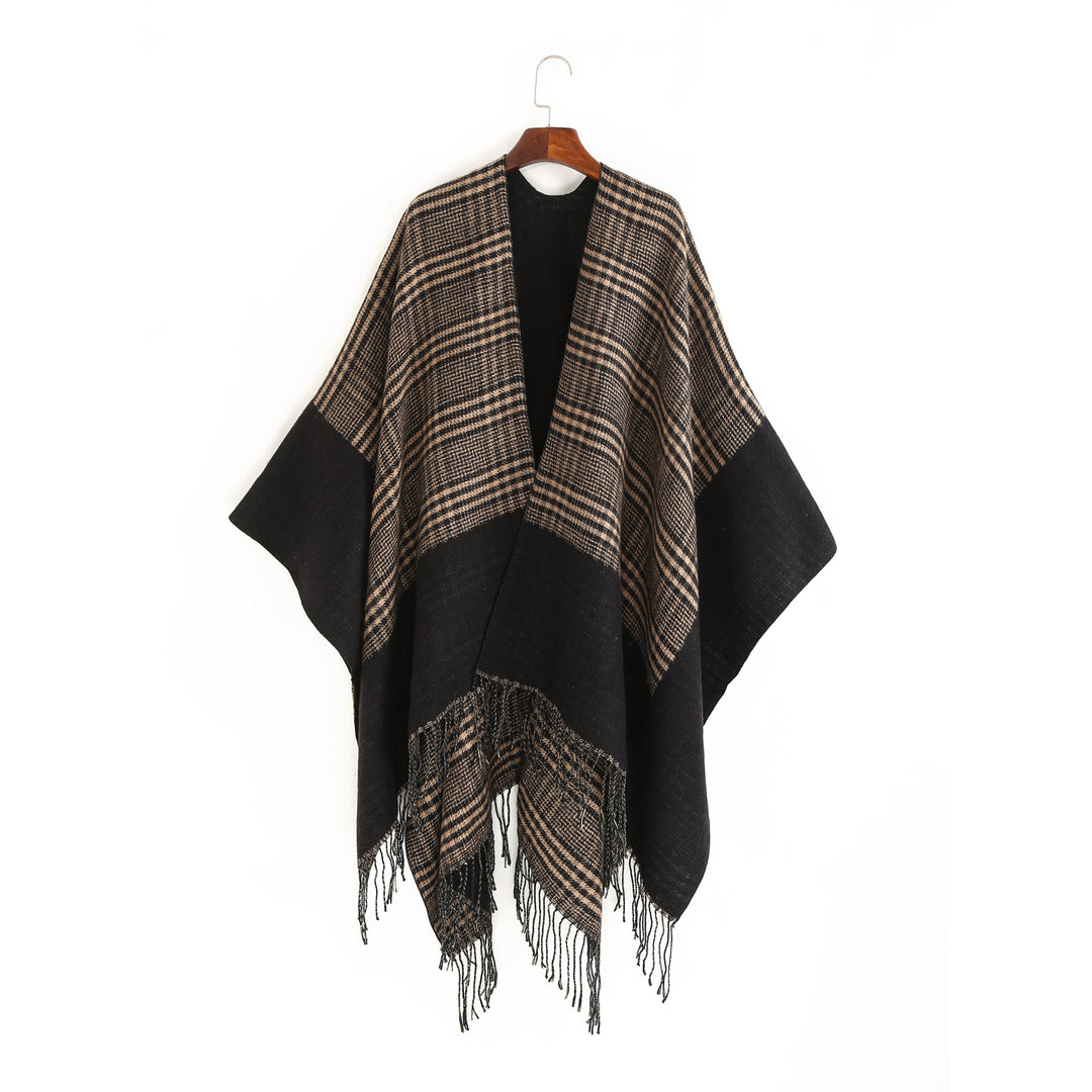 Damen Oversize-Ruana mit Glencheck-Jacquard und Fransensaum Shop Nory