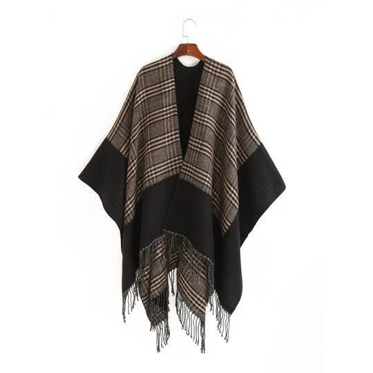 Damen Oversize-Ruana mit Glencheck-Jacquard und Fransensaum Shop Nory