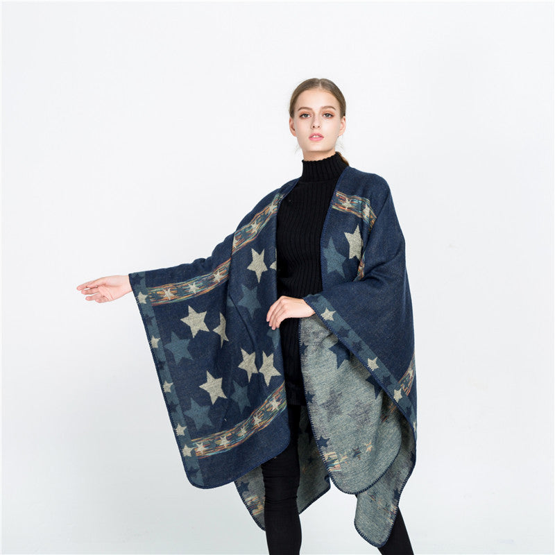 Damen Jacquard‑Ruana‑Poncho mit Sternjacquard und weichfallender Oversize‑Silhouette Shop Nory
