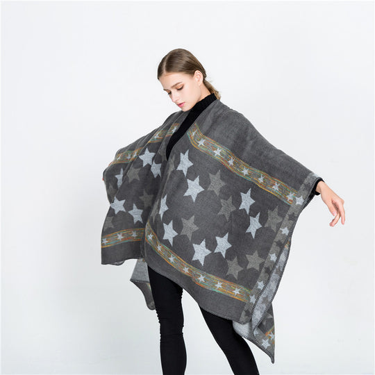 Damen Jacquard‑Ruana‑Poncho mit Sternjacquard und weichfallender Oversize‑Silhouette Shop Nory