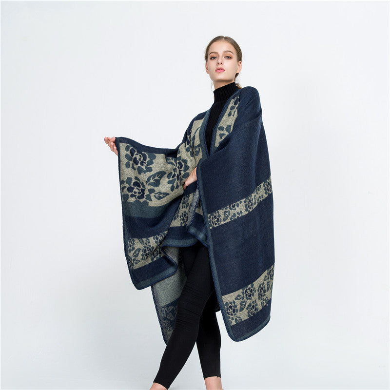 Damen Jacquard-Ruana-Überwurf mit floralem Intarsienmuster und offenem Fall Shop Nory
