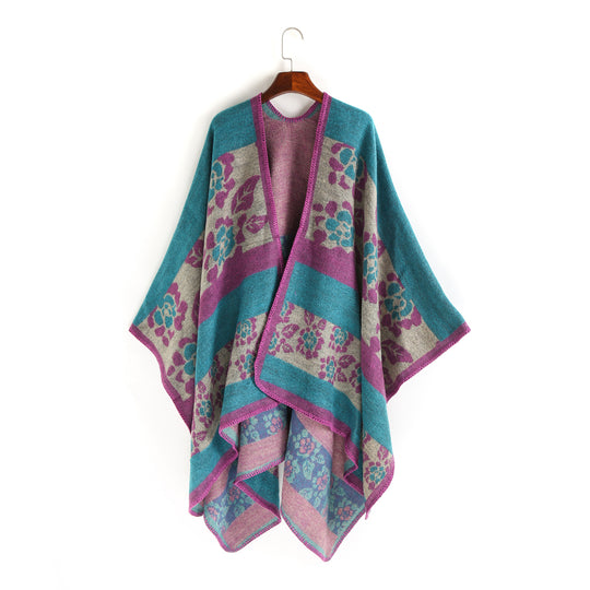 Damen Jacquard-Ruana-Überwurf mit floralem Intarsienmuster und offenem Fall Shop Nory