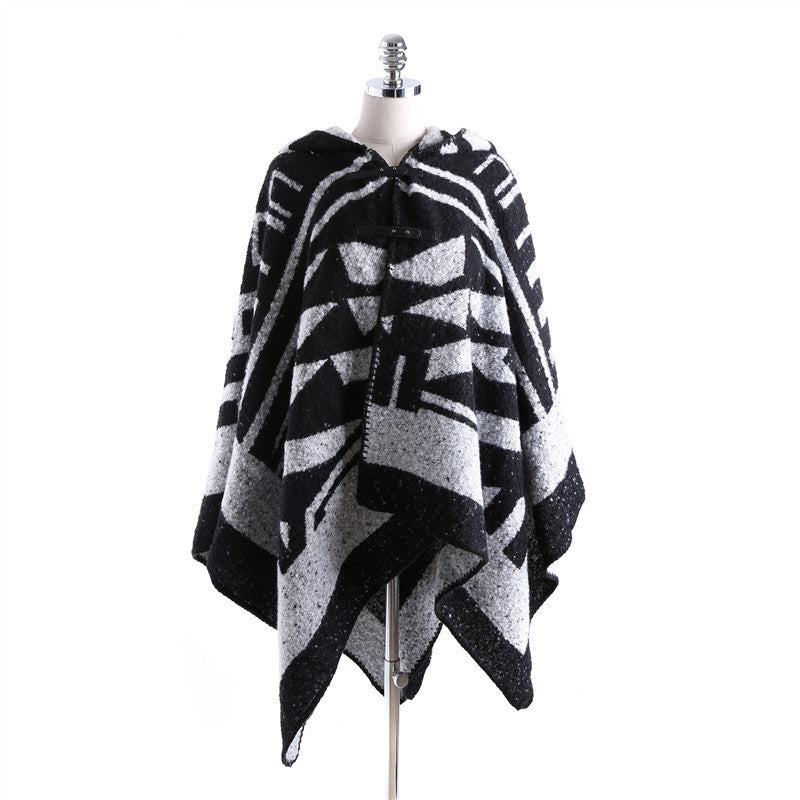 Damen Kapuzen-Poncho aus Wollmix mit grafischem Jacquard-Design Shop Nory