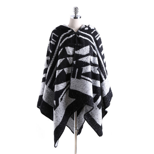 Damen Kapuzen-Poncho aus Wollmix mit grafischem Jacquard-Design Shop Nory
