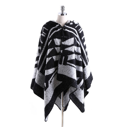 Damen Kapuzen-Poncho aus Wollmix mit grafischem Jacquard-Design Shop Nory