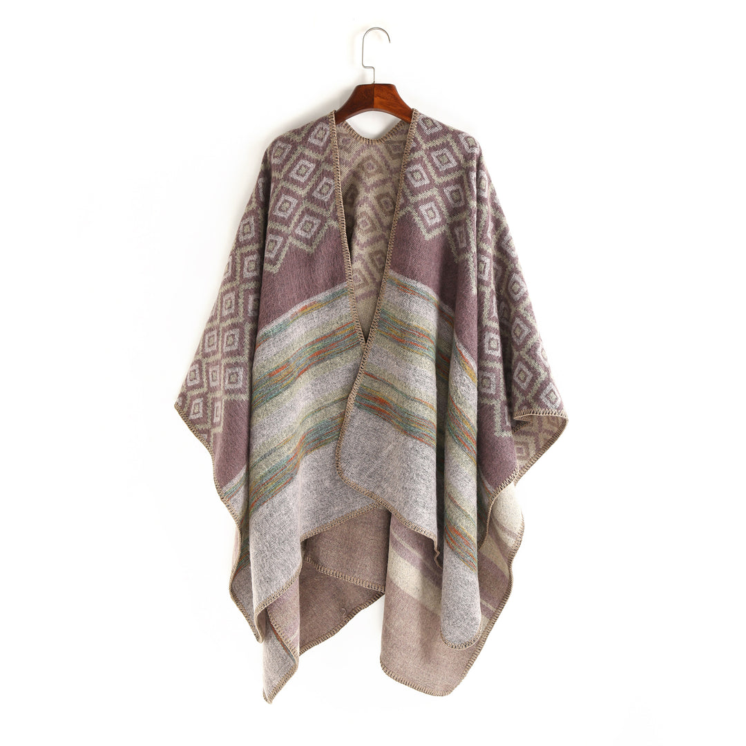 Damen Wolloptik-Ruana mit gewebtem Quadratjacquard und Zierstichkante Shop Nory