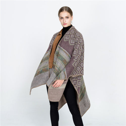 Damen Wolloptik-Ruana mit gewebtem Quadratjacquard und Zierstichkante Shop Nory