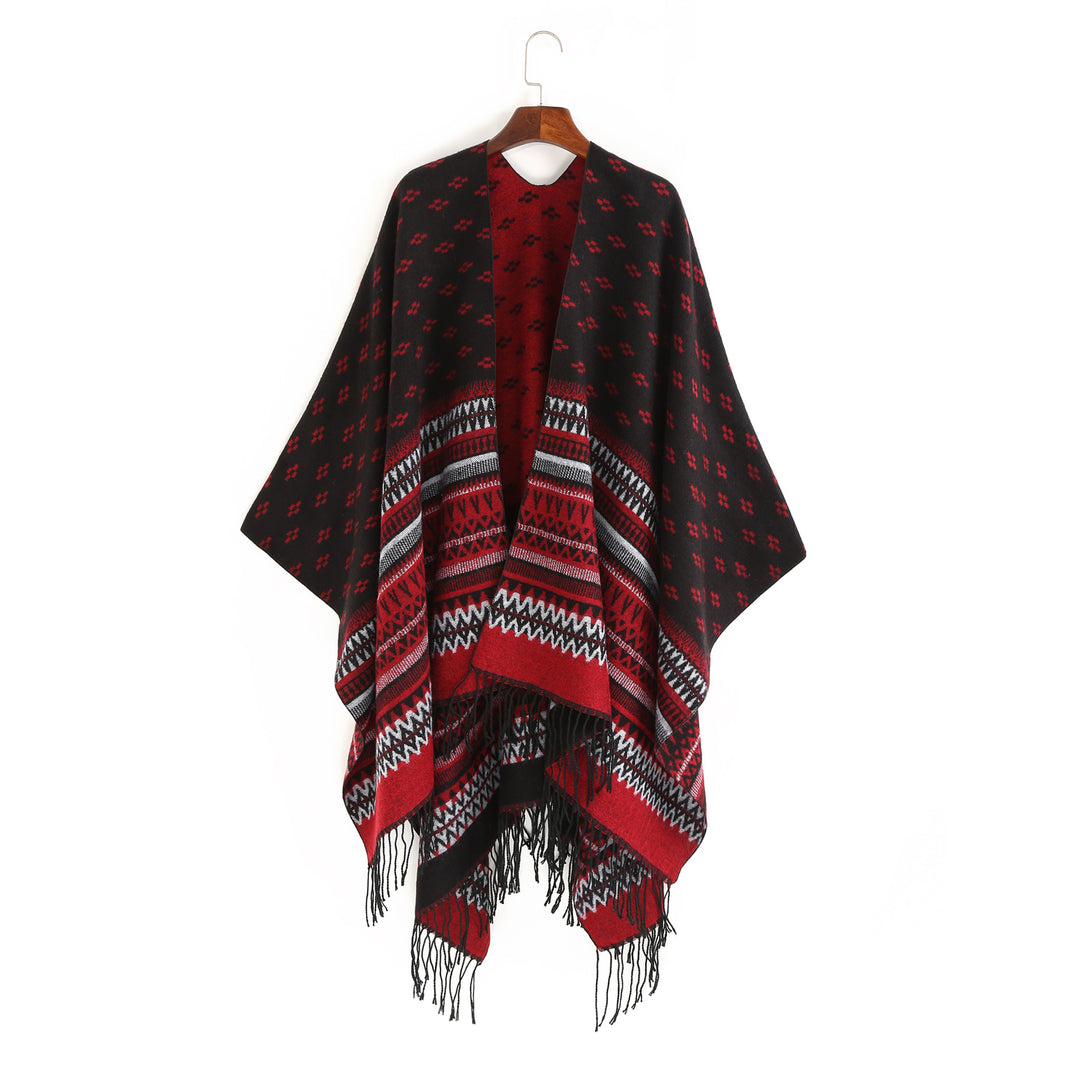 Damen Ruana-Poncho mit Jacquardmuster, Fransen und weichem Wollmix Shop Nory