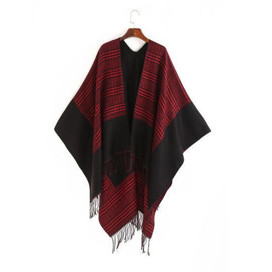 Damen Oversize-Ruana mit Glencheck-Jacquard und Fransensaum Shop Nory