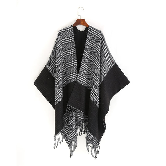 Damen Oversize-Ruana mit Glencheck-Jacquard und Fransensaum Shop Nory
