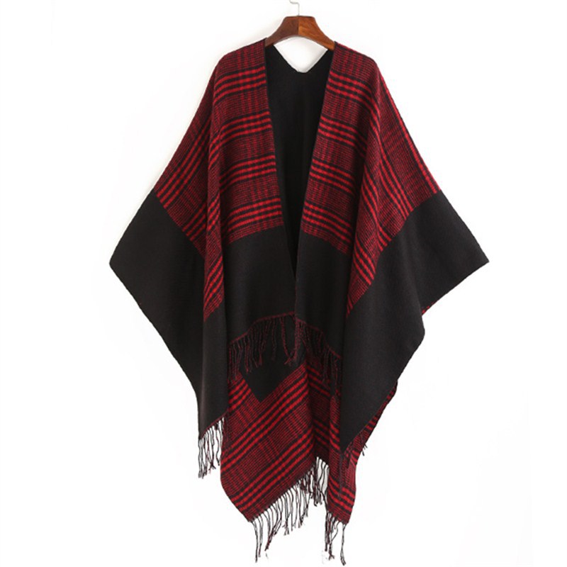 Damen Oversize-Ruana mit Glencheck-Jacquard und Fransensaum Shop Nory