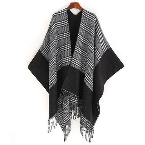 Damen Oversize-Ruana mit Glencheck-Jacquard und Fransensaum Shop Nory