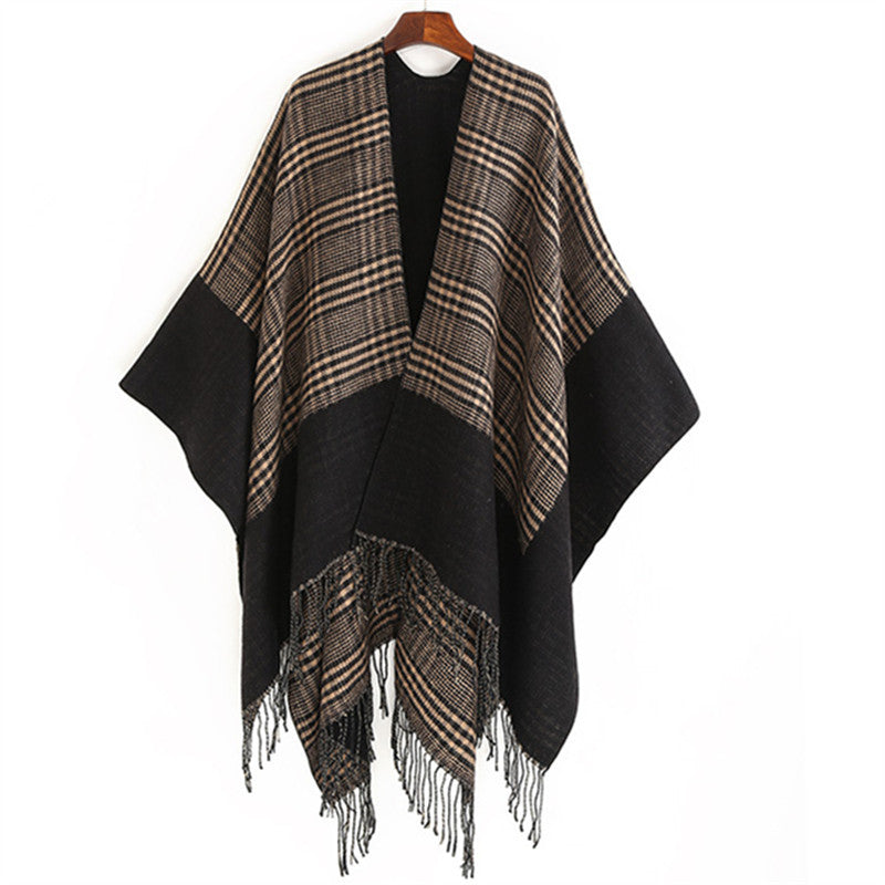 Damen Oversize-Ruana mit Glencheck-Jacquard und Fransensaum Shop Nory