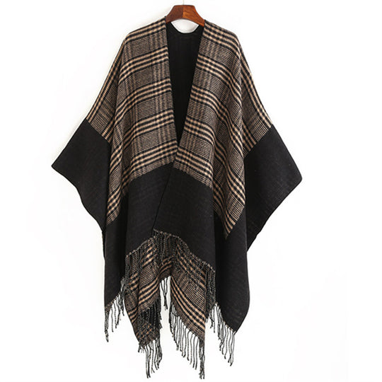 Damen Oversize-Ruana mit Glencheck-Jacquard und Fransensaum Shop Nory