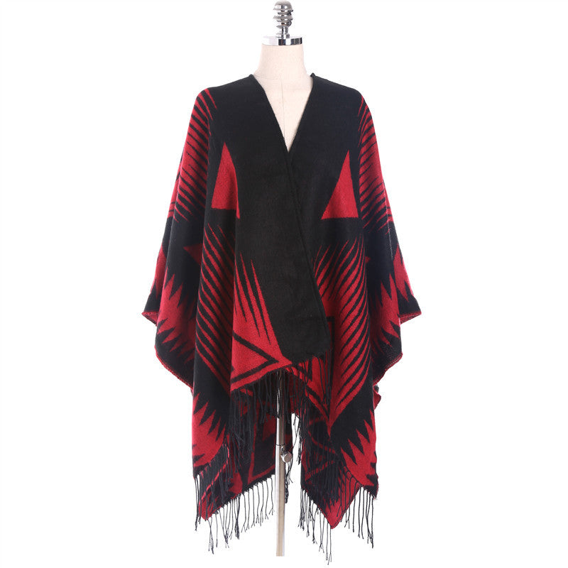 Damen Azteken-Jacquard-Ruana mit Fransen und offenem V-Ausschnitt Shop Nory