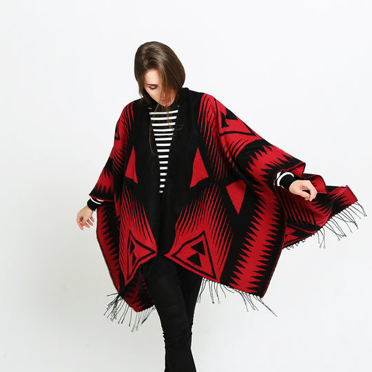 Damen Azteken-Jacquard-Ruana mit Fransen und offenem V-Ausschnitt Shop Nory
