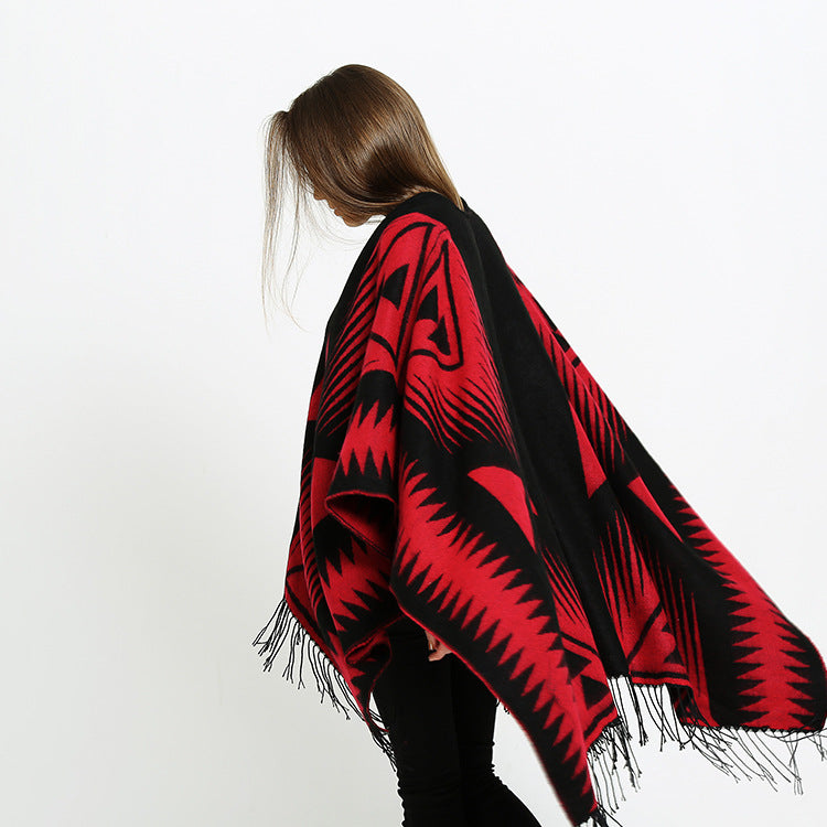 Damen Azteken-Jacquard-Ruana mit Fransen und offenem V-Ausschnitt Shop Nory